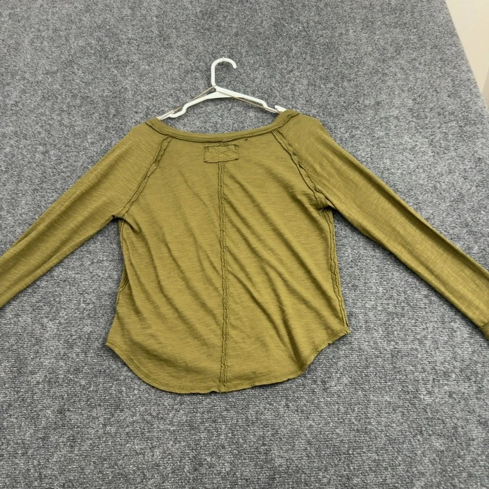 Free People Top Women M Olive Green Cotton Blend V Neck Exposed Seams Boho